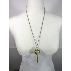 VTG Floral Egg Pendant Gold Tone Chain Necklace 29" Boho Cottagecore Porcelain